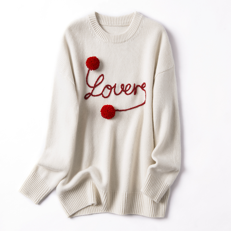 秋冬100%针织套头羊绒衫毛衣刺绣