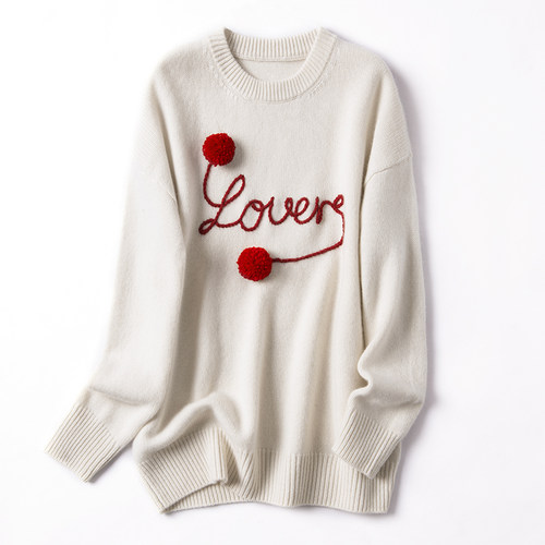 秋冬100%针织套头羊绒衫毛衣刺绣