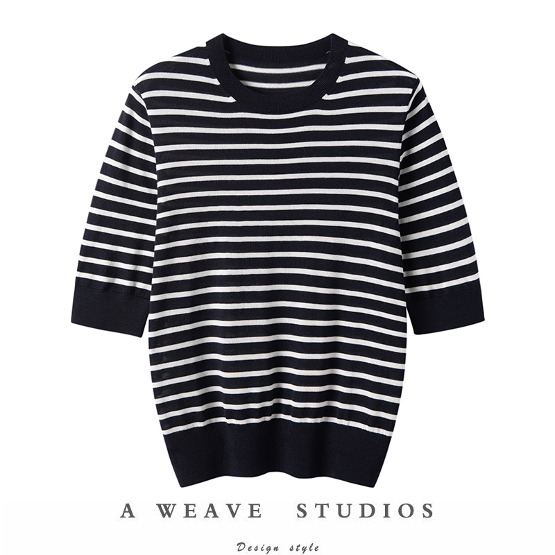 条纹针织衫减龄圆领短袖T恤