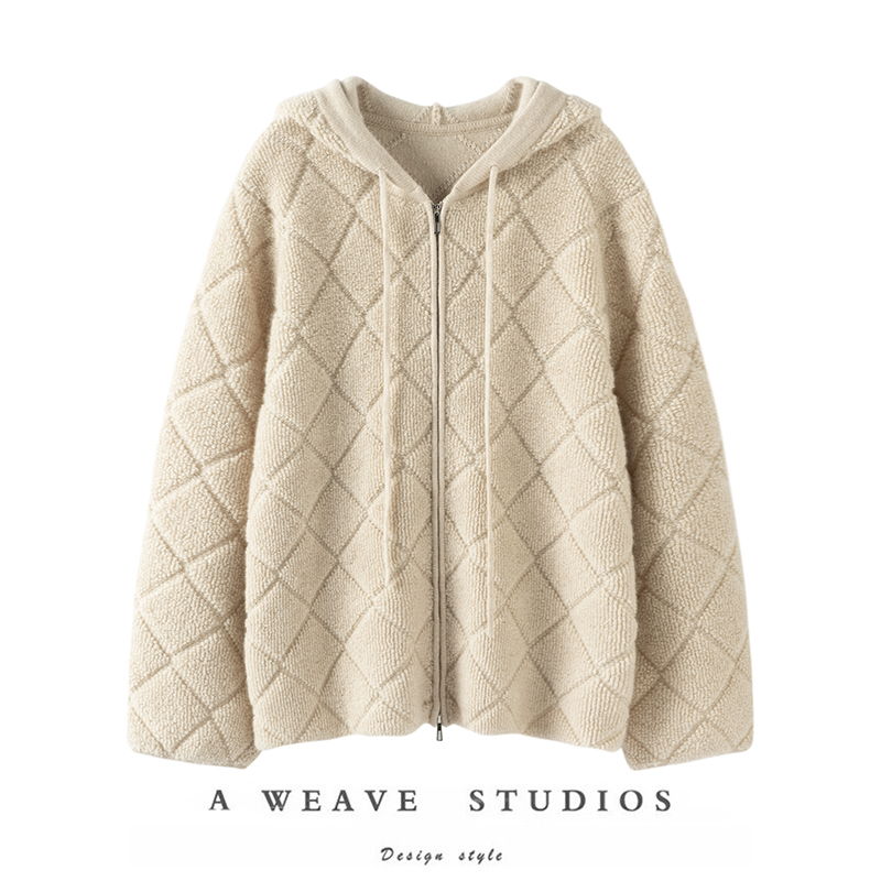 圈圈绒纯山羊绒连帽开衫女