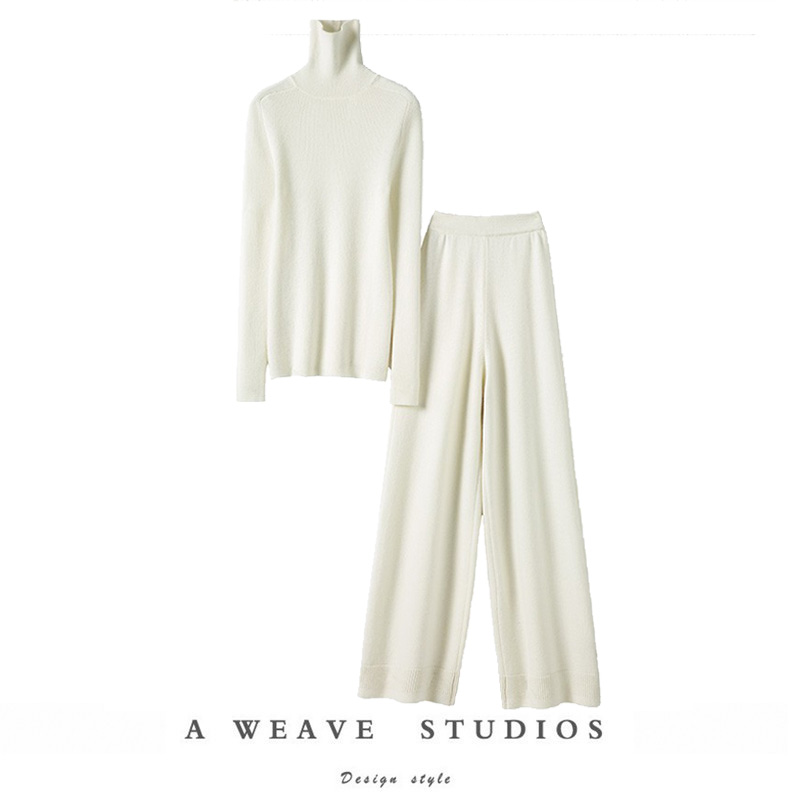 女纯山羊绒毛衣直筒阔腿裤子套装