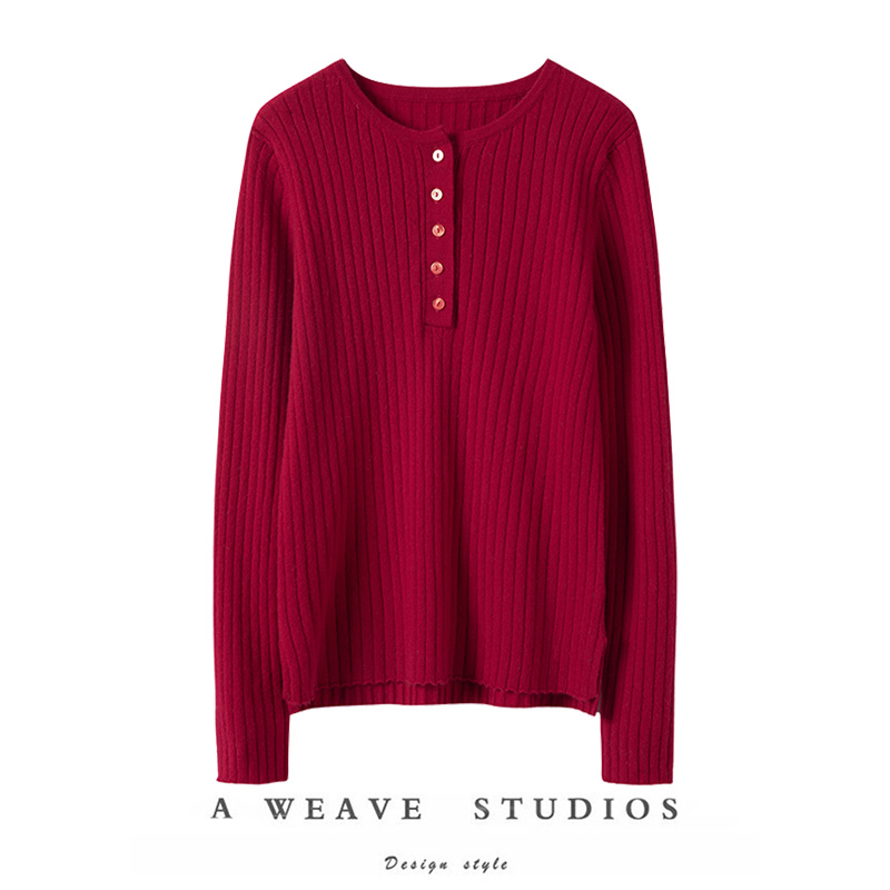 纽扣坑条羊绒针织打底意大利