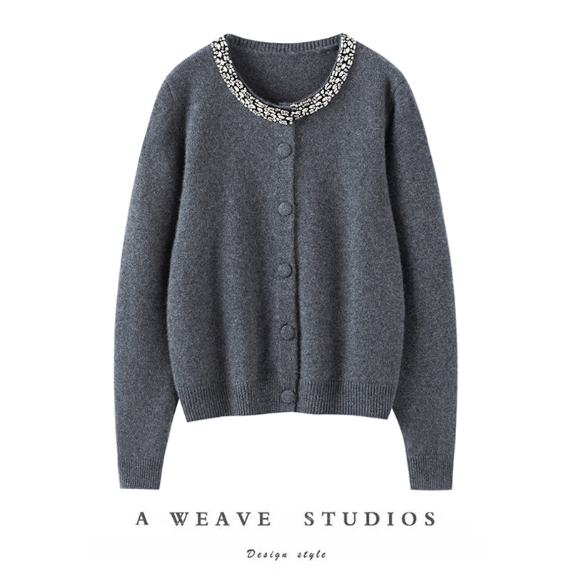 优雅夺目！璀璨钻领针织100%羊绒开衫女新款气质上衣长袖打底衫