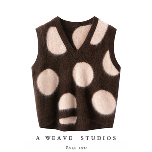 萨琪尼”波点系列“拉绒背心轻暖纯羊绒针织套头毛衣秋冬款马甲