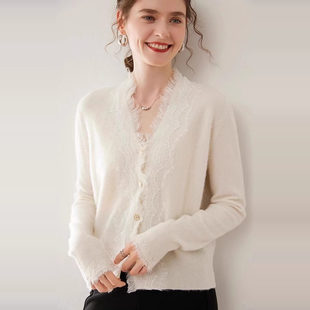 萨琪尼2025新款 女羊毛针织毛衣外套 V领系扣蕾丝35羊绒65羊毛开衫