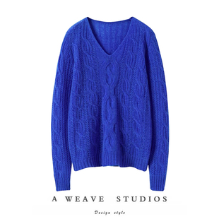 好看太赞了 女士宽松慵懒风纯羊绒毛衣秋冬 V领绞花100%纯山羊绒衫