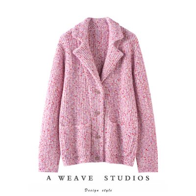 萨琪尼心花怒放~ 复古粉色花纱羊绒 钻扣V领马甲/翻领西装毛衣