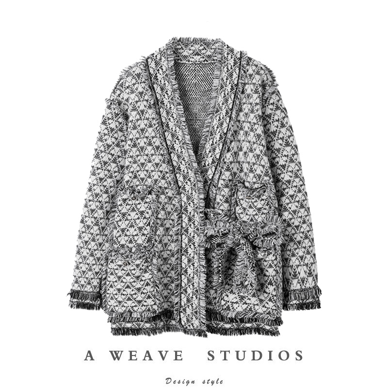 加厚典雅宽松流苏纯山羊绒衫大衣