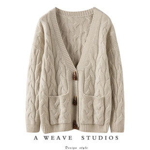 衣橱少不了！牛角扣纯羊绒开衫V领米色针织开衫100%山羊绒