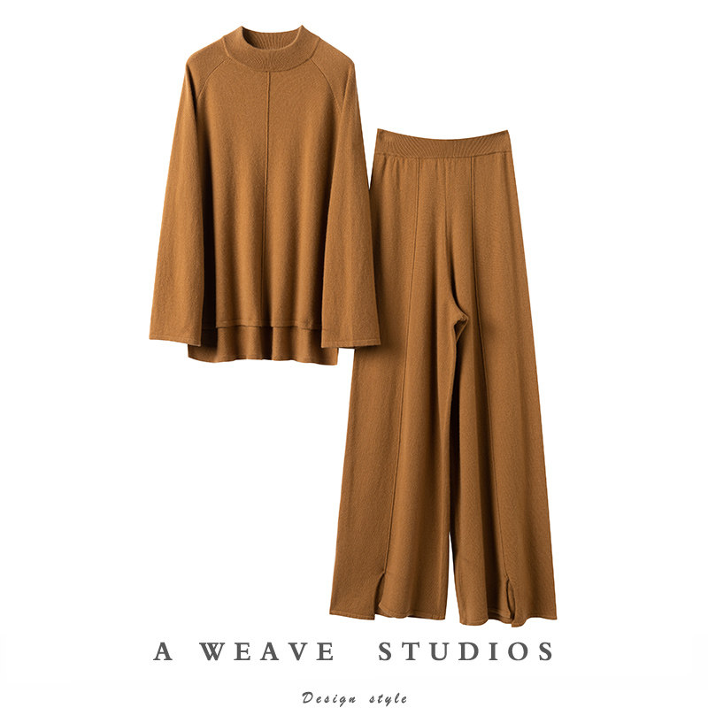 气质！太显腿长~羊绒套装针织羊绒阔腿裤子纯山羊绒衫毛衣两件套