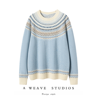 惊艳于人海中~25秋冬费尔岛文艺复古纯羊绒圆领提花针织毛衣女
