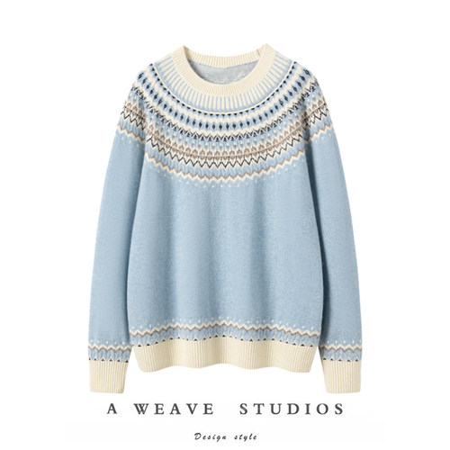 领提花针织毛衣女费尔岛文艺复古