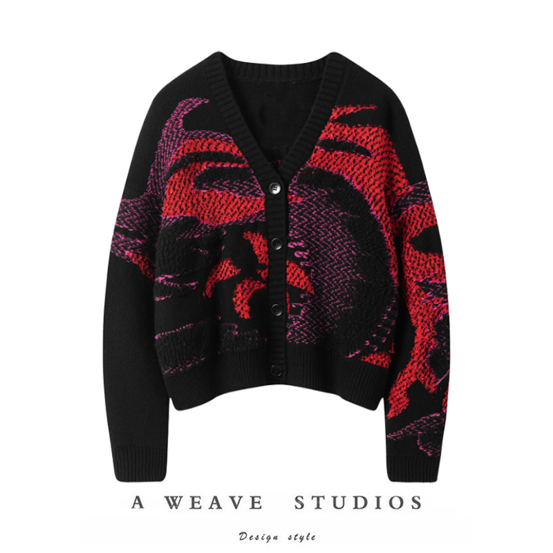 神龙摆尾~鸿运赤龙穿花绣花100%山羊绒针织开衫秋冬新年款外套