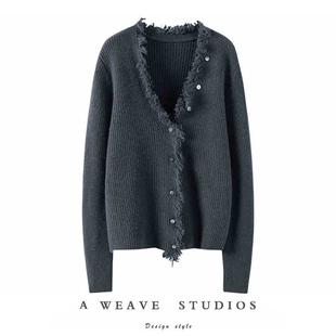 羊绒针织衫 纯色秋冬新款 毛衣 设计感V领流苏开衫 太好搭配了