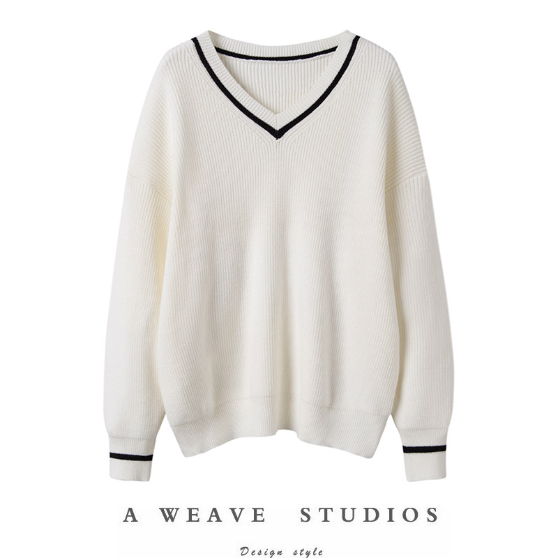 经典英伦风！拼色V领山羊绒毛衣女外穿25秋季新款宽松长袖针织衫,女装/女士精品,羊绒衫,淘宝优惠券,粉丝福利购,淘宝优惠卷
