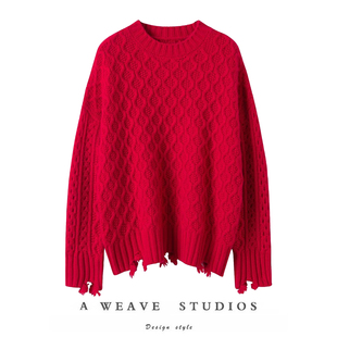 2071 手工毛须边女绞花加厚针织衫 暖入人心 100%山羊绒