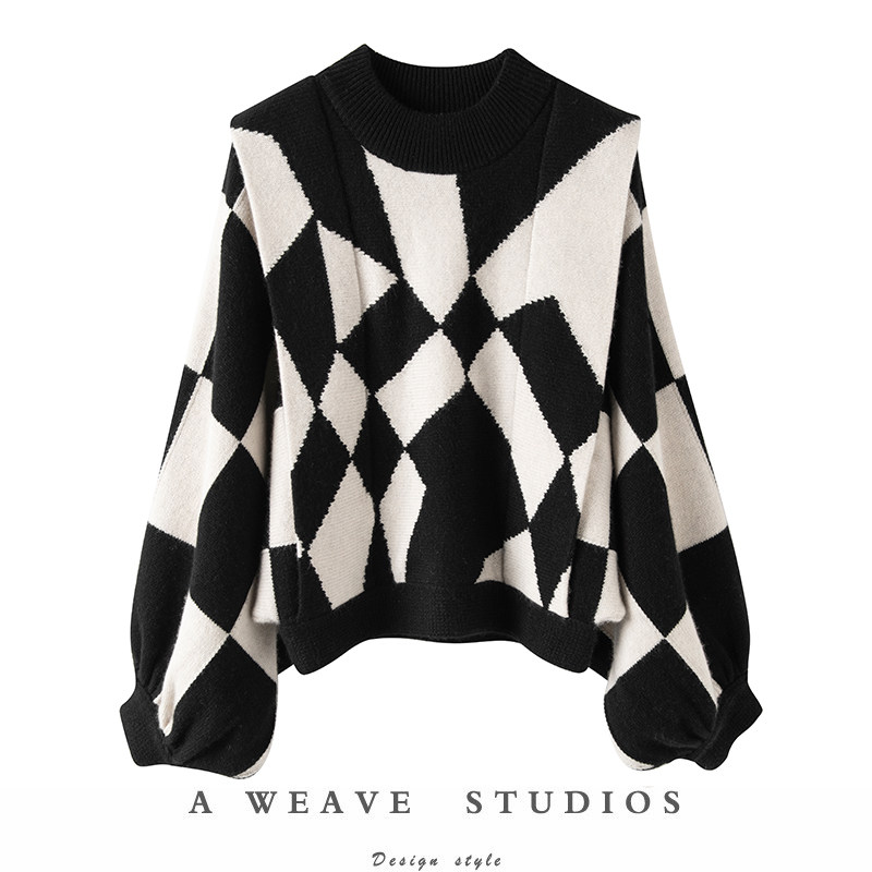 萨琪尼〓绒+〓复古黑色菱格造型灯笼袖大克重羊绒衫毛衣女25冬厚,女装/女士精品,羊绒衫,淘宝优惠券,粉丝福利购,淘宝优惠卷