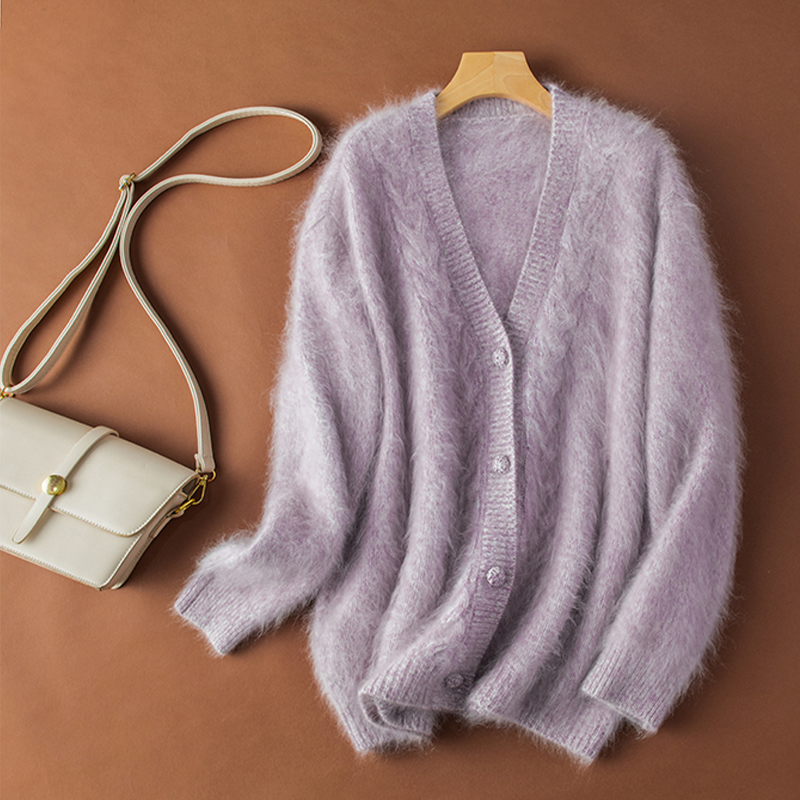 万搭单品~重磅加厚V领纯山羊绒灰紫色拉绒毛衣女针织羊绒开衫外套