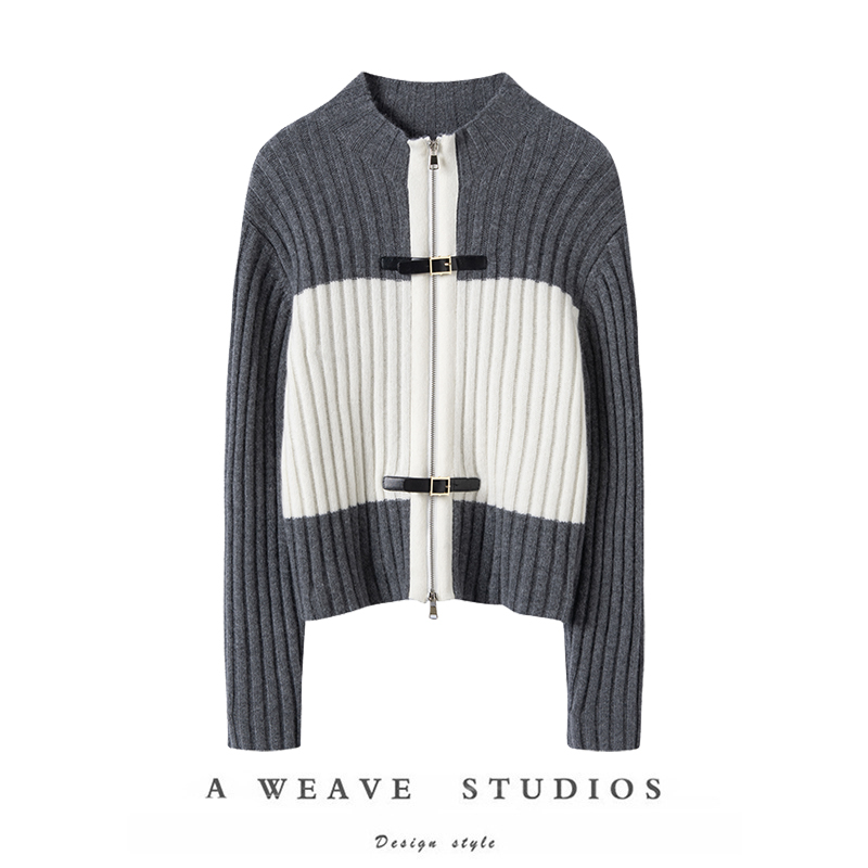 羊绒开衫拉链复古灰白拼色