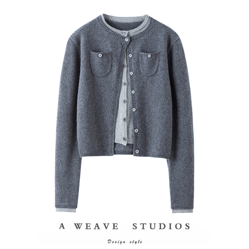 实力百搭款~圆领假两件撞色开衫纯山羊绒新款简约设计感针织外套