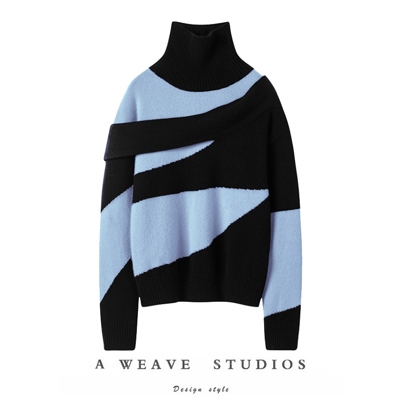 意大利时髦天花板！拼色造型高领羊绒衫女套头纯羊绒毛衣宽松加厚