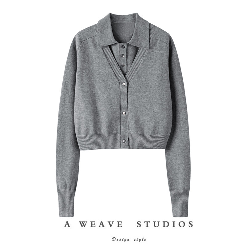 中灰色Polo领纯山羊绒针织背心