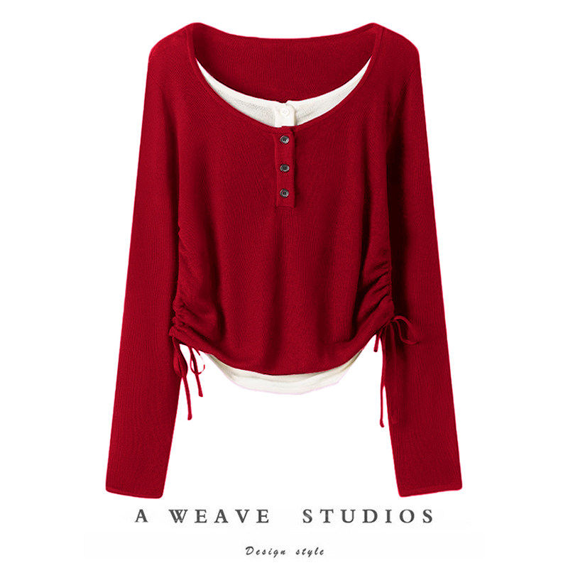 萨琪尼官方正品！半开扣假两件纯羊绒衫撞色抽褶小众设计感上衣冬,女装/女士精品,羊绒衫,淘宝优惠券,粉丝福利购,淘宝优惠卷