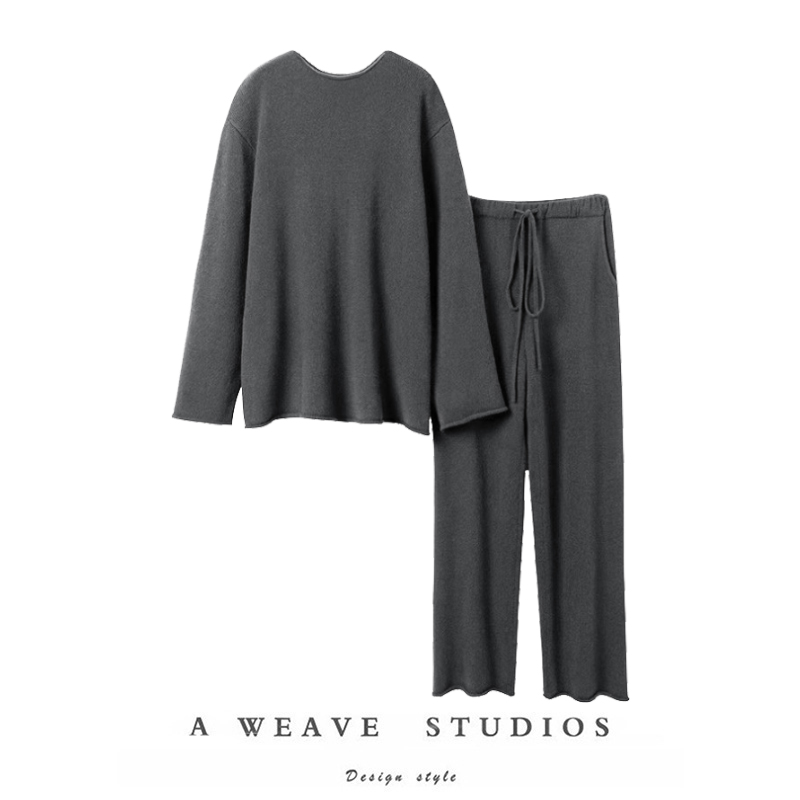 SQN原版精英通勤！空气100%羊绒衫女小一字领上衣9分阔腿裤套装