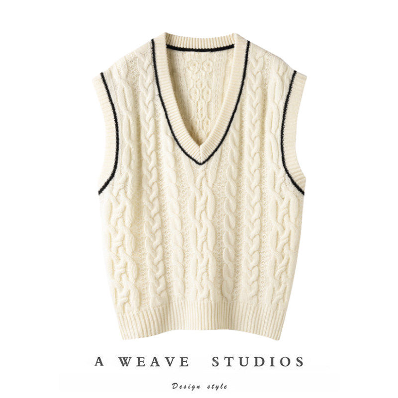轻轻松松好看！100%纯羊绒V领撞色针织绞花无袖廓形背心马甲女,女装/女士精品,羊绒衫,淘宝优惠券,粉丝福利购,淘宝优惠卷