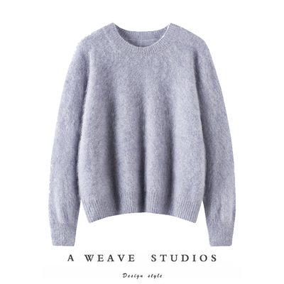 轻盈零压感~12针岛精皮草拉绒圆领针织100%纯羊绒衫女套头打底