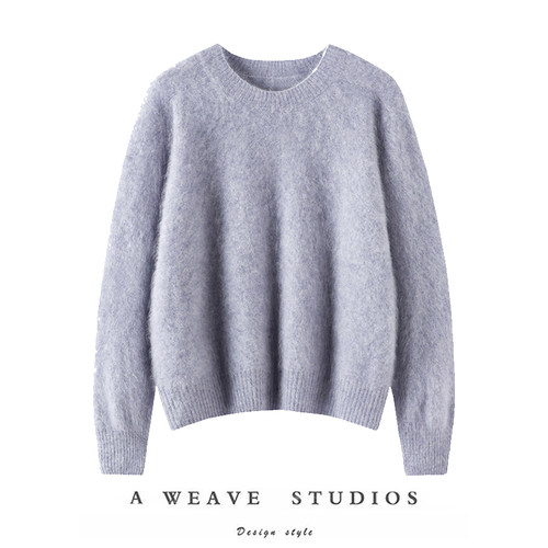 轻盈零压感~12针岛精皮草拉绒圆领针织100%纯羊绒衫女套头打底