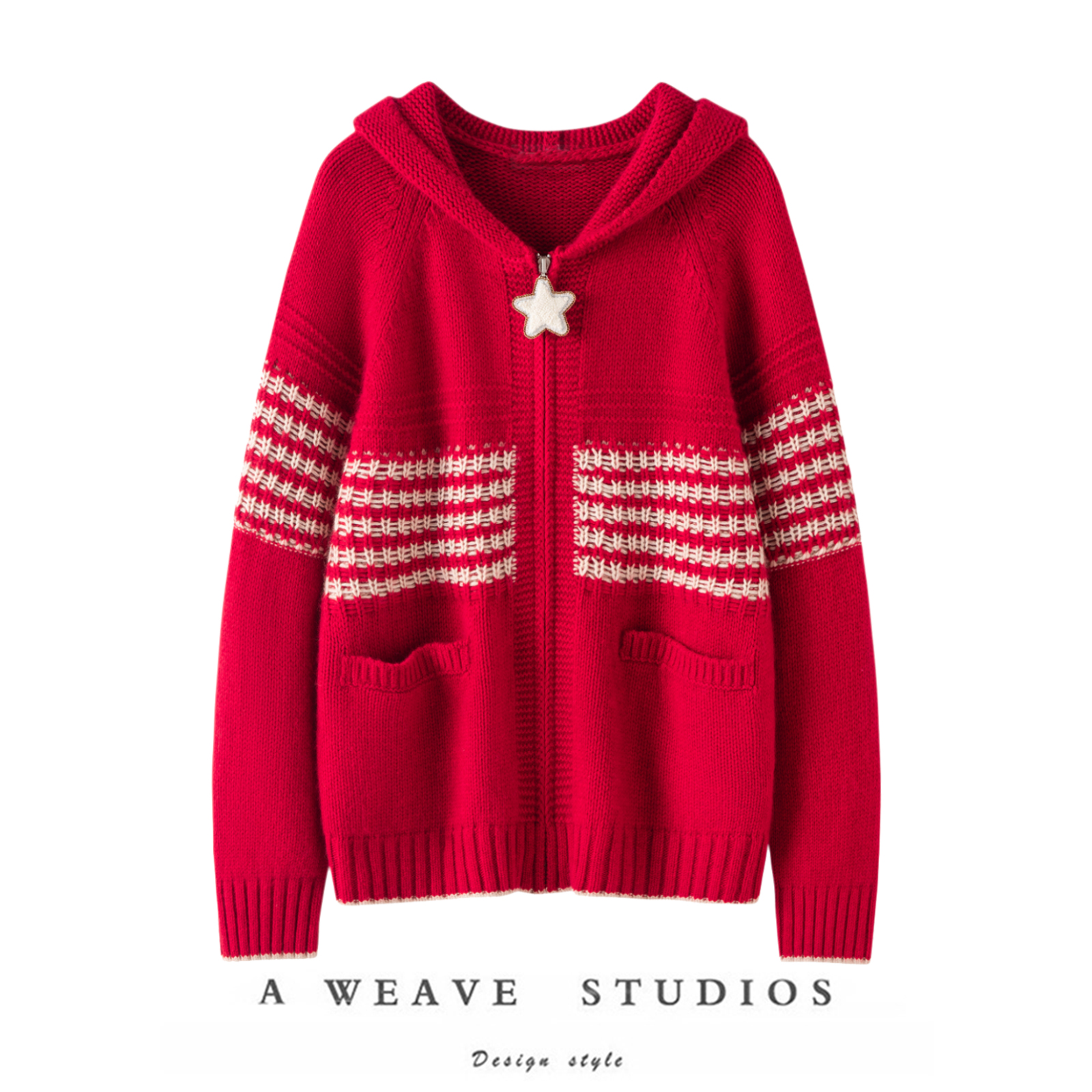 看一眼就爱了~萨琪尼官方新年红拉链针纯羊绒织开衫女外套女秋冬