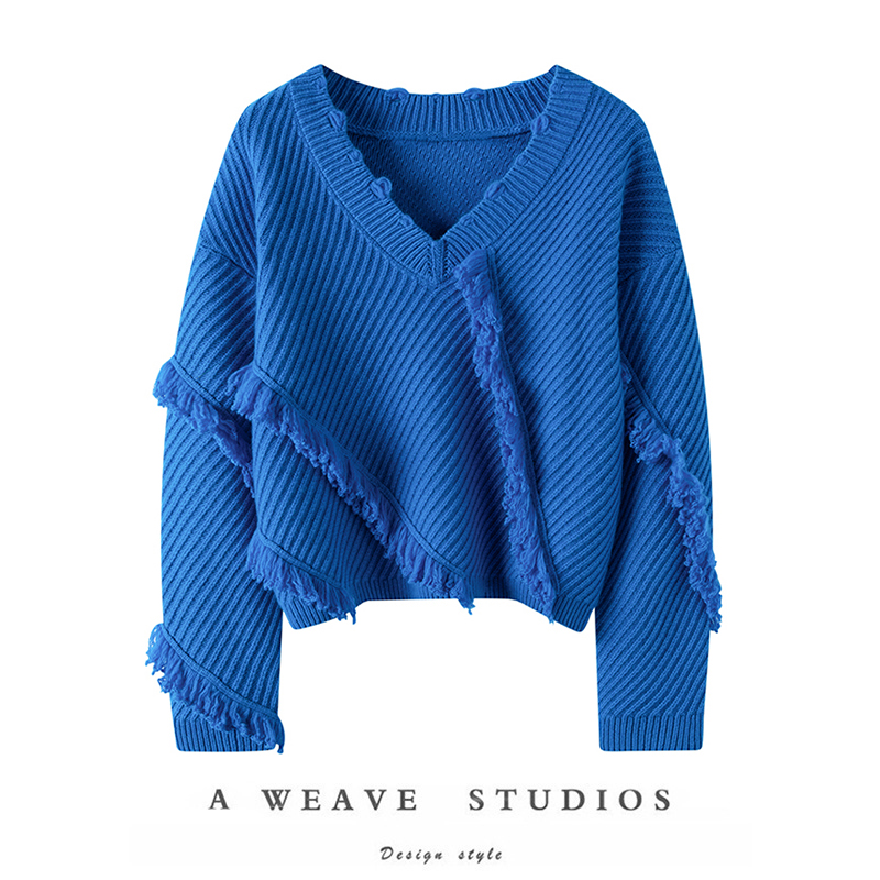 坑条流苏重磅加厚V领山羊绒衫女