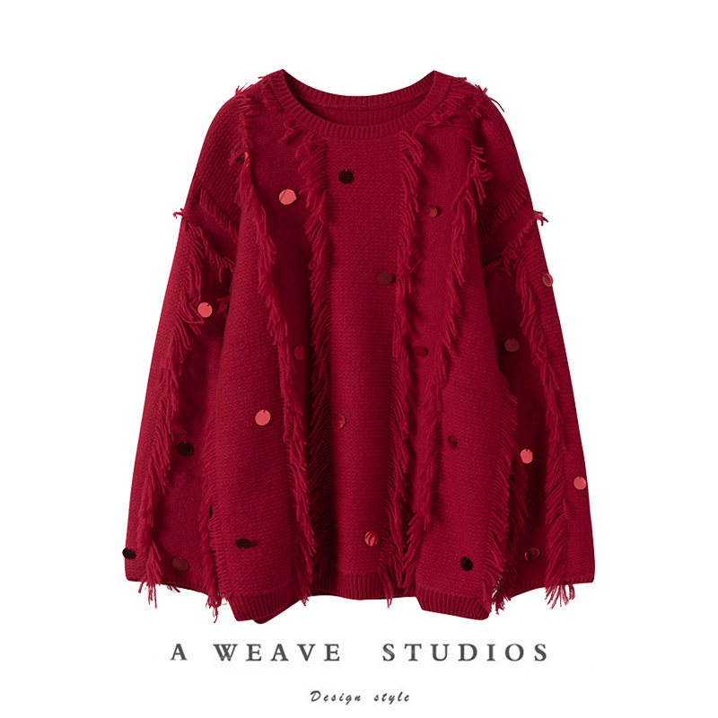 车厘子红加厚手工亮片羊绒衫女