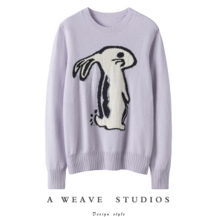 2025秋冬新款明星同款少女毛衣纯山羊绒衫浅紫色小白兔子动物图案