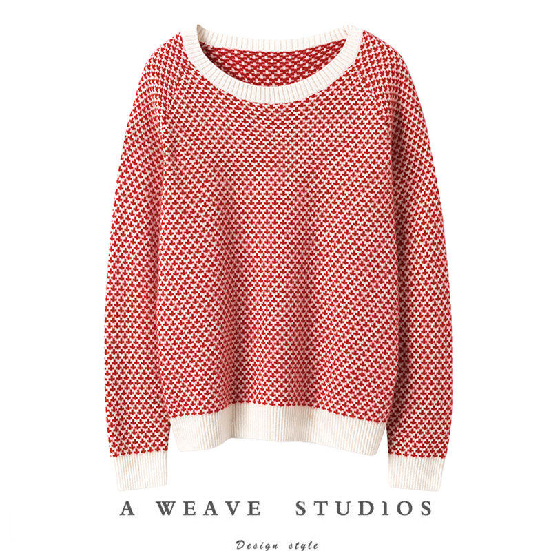 过分美好！加厚红白几何提花圆领羊绒衫女纯羊绒毛衣宽松冬新款,女装/女士精品,羊绒衫,淘宝优惠券,粉丝福利购,淘宝优惠卷