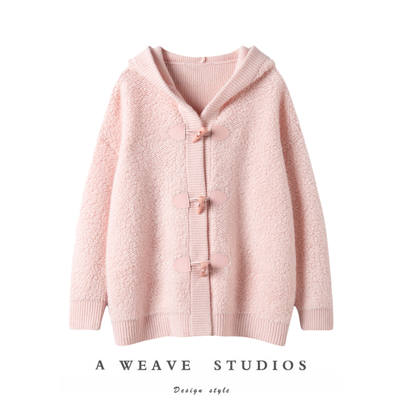 好看的品质~慵懒风软糯牛角扣连帽毛衣女100纯羊绒针织开衫外套冬