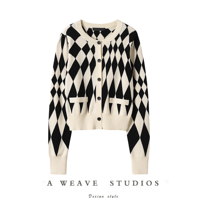 上身超美~2025秋冬新款设计感棋盘格纯山羊绒针织开衫吊带两件套