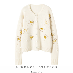 优雅与温柔 100%纯羊绒宽松刺绣百搭外套圆领羊绒针织外套上衣
