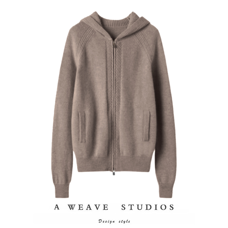 纯羊绒连帽长袖针织开衫女宽松