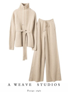 温婉时髦气质！加厚羊绒衫女高领系带针织羊绒阔腿裤子女外穿套装