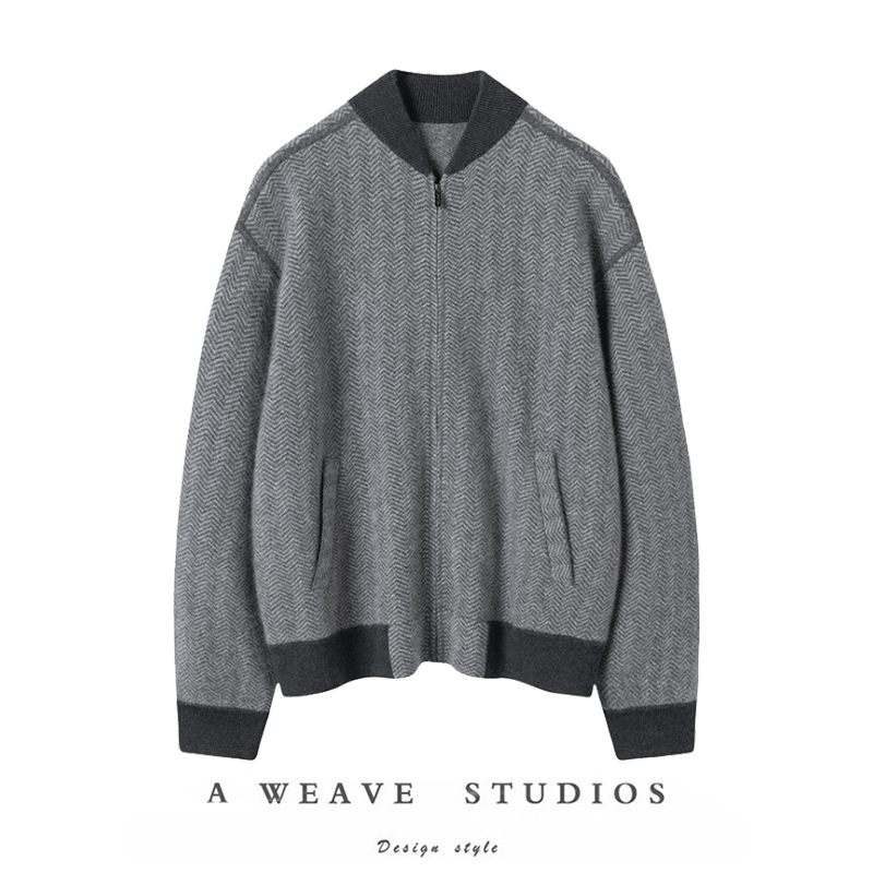 拉链开衫人字纹针织飞行夹克外套
