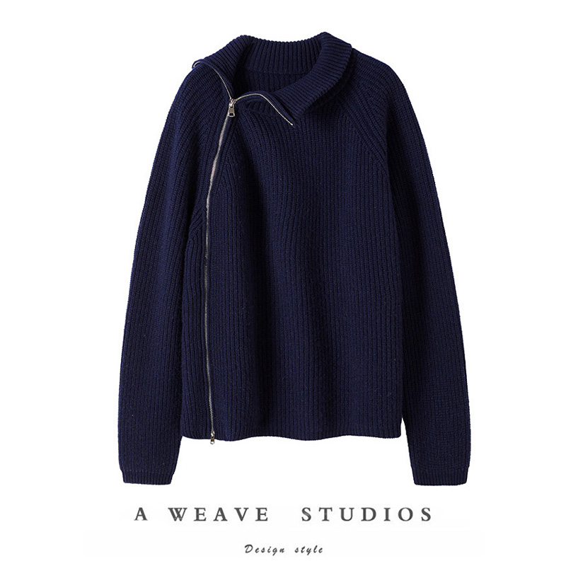 SQN〓绒+〓男女同款粗针重磅加厚斜拉链立领纯山羊绒衫女毛衣