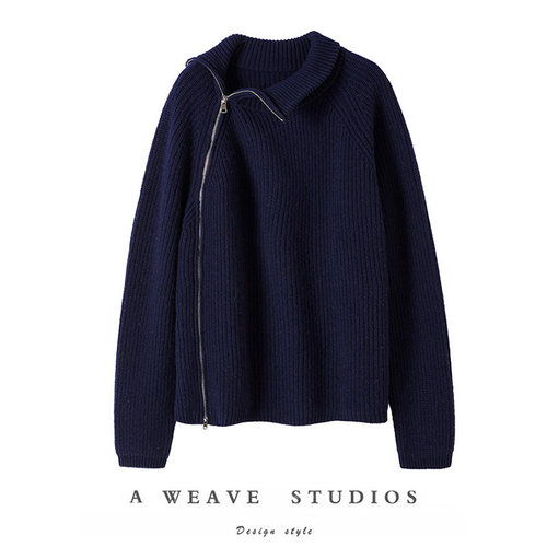 SQN〓绒+〓男女同款粗针重磅加厚斜拉链立领纯山羊绒衫女毛衣