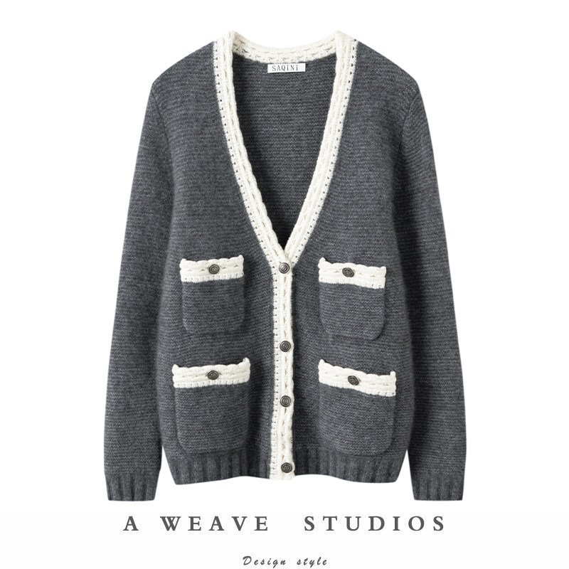 这版型怎么穿都美~灰白撞色V领针织开衫毛衣女高级感小香风上衣,女装/女士精品,羊绒衫,淘宝优惠券,粉丝福利购,淘宝优惠卷