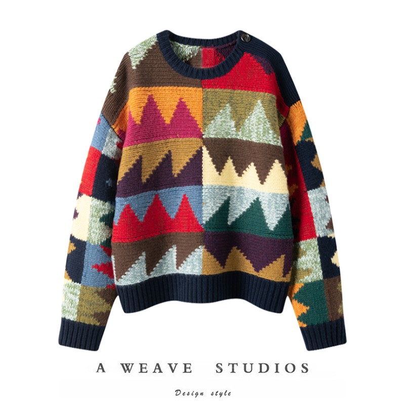 圆领套头撞色慵懒风针织羊绒衫