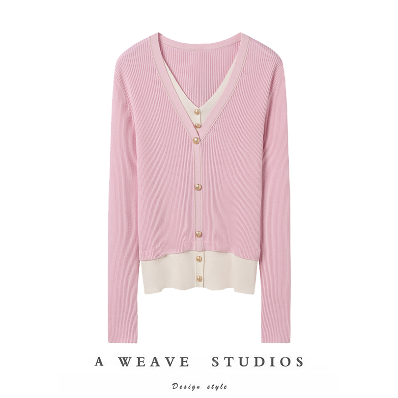 山羊绒V领假两件针织衫2024新款