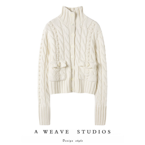 复古且精致~设计感气质半高领100%山羊绒毛衣别致针织开衫外套女