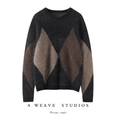 男女同款【菱形格】100山羊绒拉绒 春秋高端品质加厚圆领毛衣