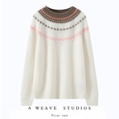 针织衫 高奢费尔岛邂逅 氛围感100%纯山羊绒提花复古圆领长袖 女